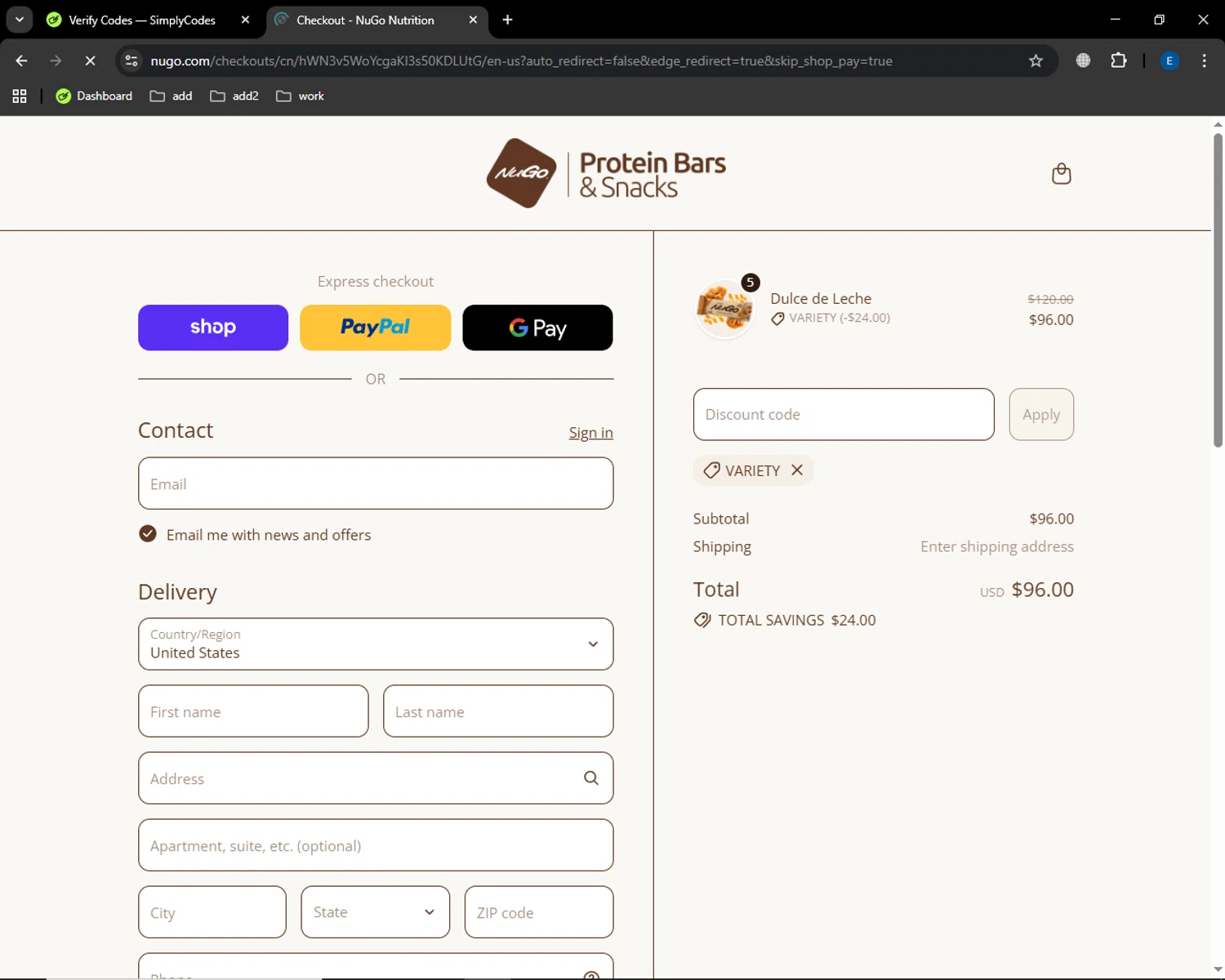 NuGo Nutrition Bars promo code screenshot showing code variety applied at NuGo Nutrition Bars checkout page. Uploaded by SimplyCodes community member MoneyGenius452 on Oct 9, 2025