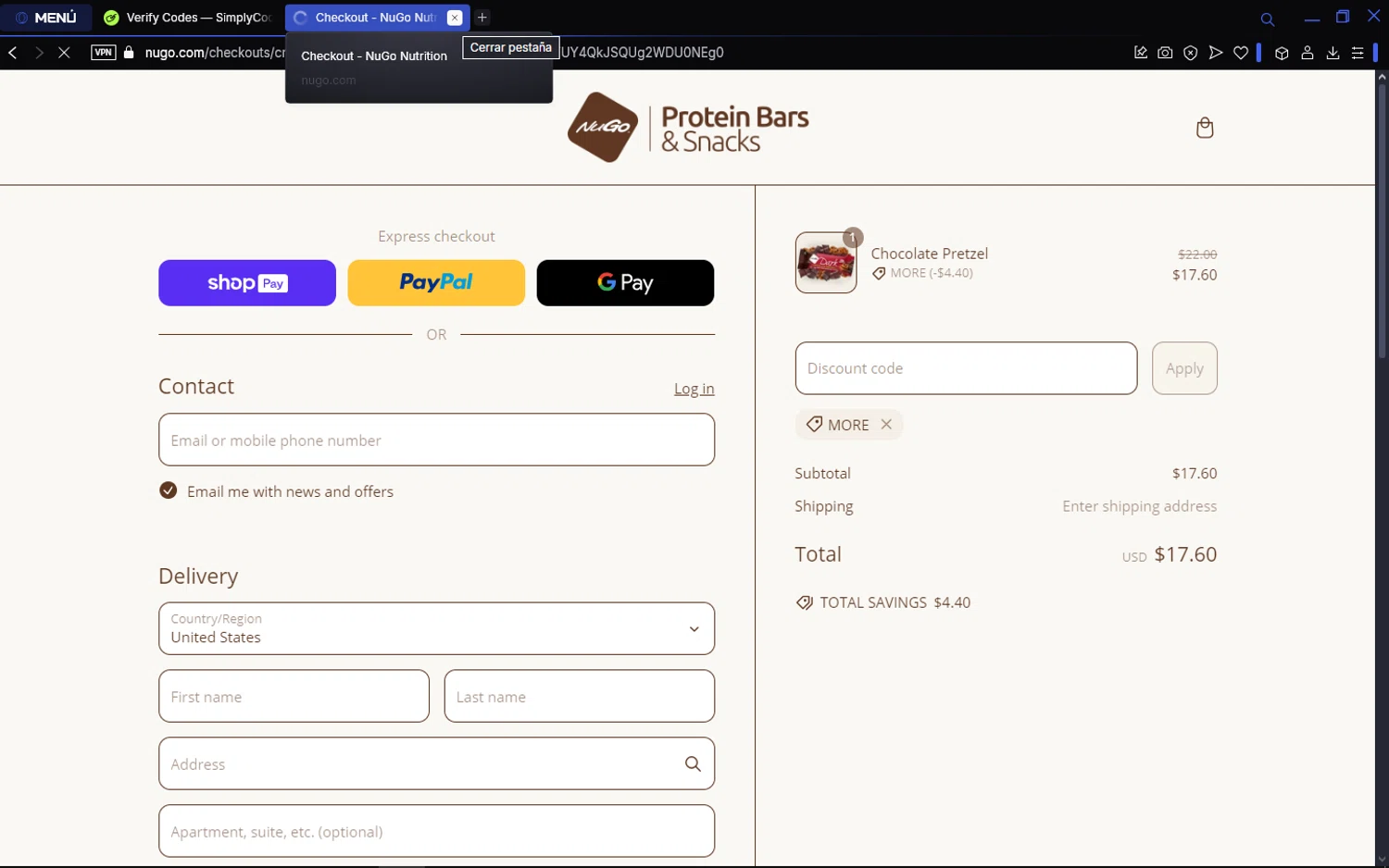 NuGo Nutrition Bars promo code screenshot showing code MORE applied at NuGo Nutrition Bars checkout page. Uploaded by SimplyCodes community member Matrixx on Mar 7, 2025
