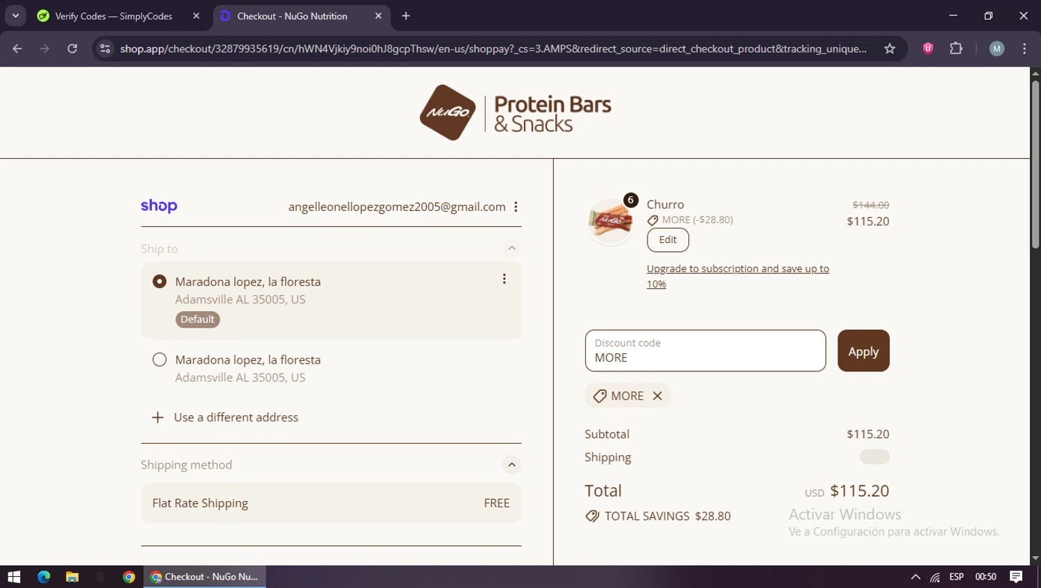 NuGo Nutrition Bars promo code screenshot showing code MORE applied at NuGo Nutrition Bars checkout page. Uploaded by SimplyCodes community member maraxo on Oct 25, 2025