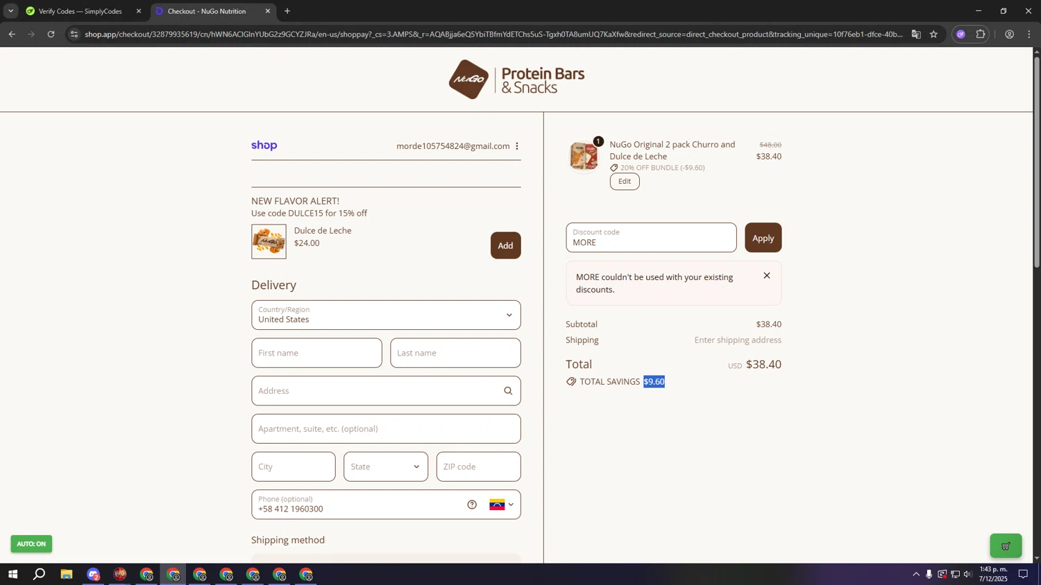 NuGo Nutrition Bars promo code screenshot showing code MORE applied at NuGo Nutrition Bars checkout page. Uploaded by SimplyCodes community member aaaaaaaaaaaaaaaa on Dec 7, 2025