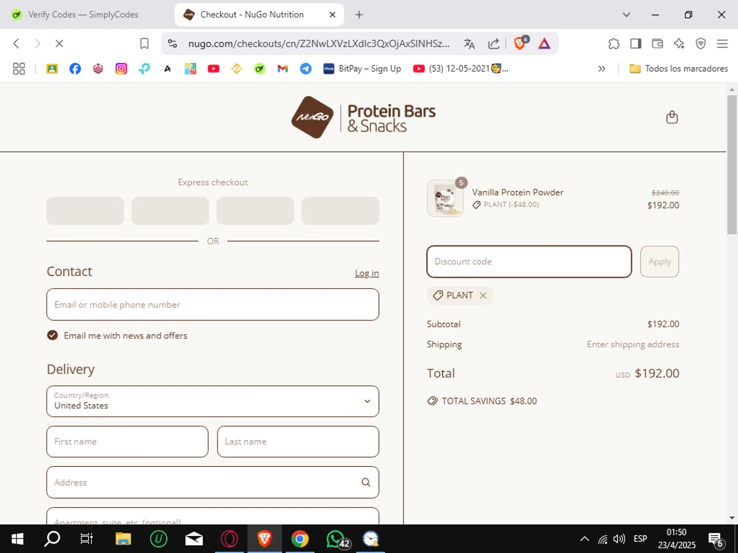NuGo Nutrition Bars promo code screenshot showing code PLANT applied at NuGo Nutrition Bars checkout page. Uploaded by SimplyCodes community member Sungjinwoo on Apr 23, 2025