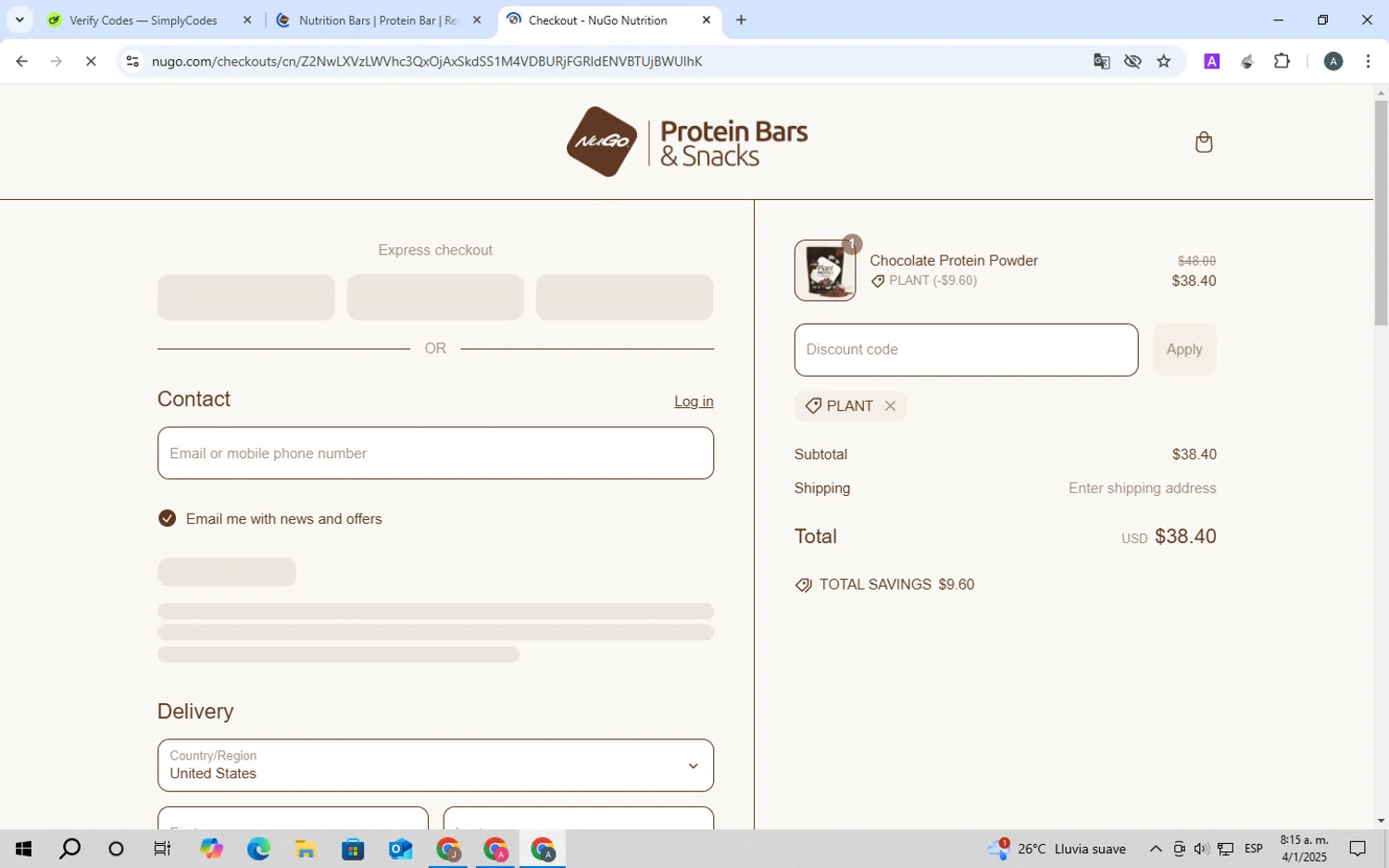 NuGo Nutrition Bars promo code screenshot showing code PLANT applied at NuGo Nutrition Bars checkout page. Uploaded by SimplyCodes community member ScanSpotter8851 on Jan 4, 2025