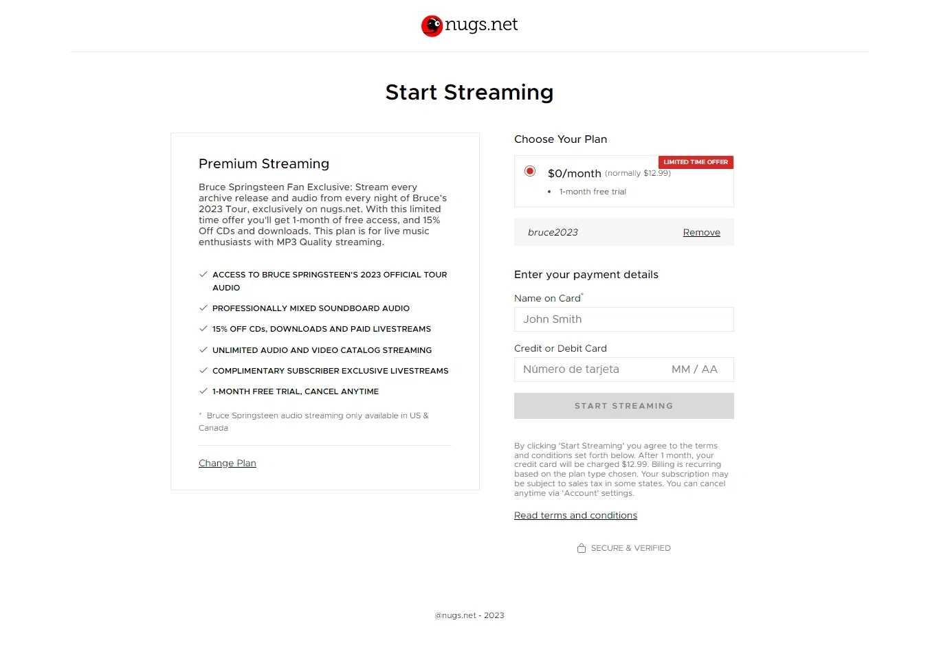 Nugs.net checkout page showing Nugs.net promo code box | Screenshot taken by SimplyCodes community member on May 12, 2023