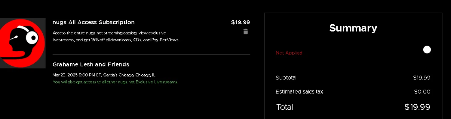 Nugs.net promo code screenshot showing code DCSAVE10 applied at Nugs.net checkout page. Uploaded by SimplyCodes community member manuelturizo on Mar 23, 2025