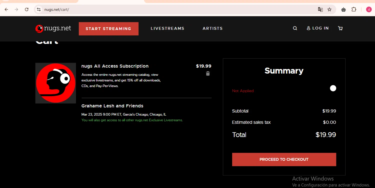 Nugs.net promo code screenshot showing code DCSAVE10 applied at Nugs.net checkout page. Uploaded by SimplyCodes community member LegendaryHunter6399 on Mar 23, 2025