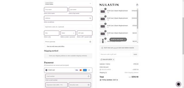 Nulastin checkout page showing Nulastin promo code box | Screenshot taken by SimplyCodes community member on Sep 10, 2025