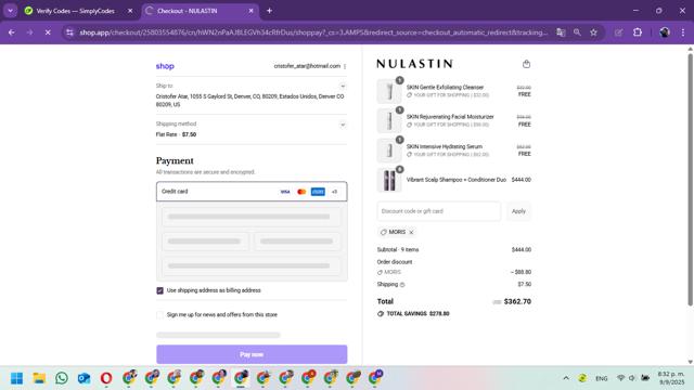 Nulastin checkout page showing Nulastin promo code box | Screenshot taken by SimplyCodes community member on Sep 10, 2025