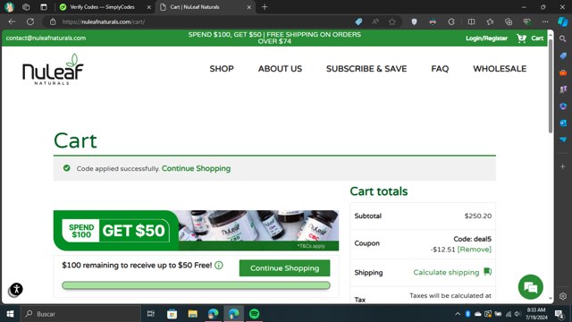 NuLeaf Naturals checkout page showing NuLeaf Naturals coupon code box | Screenshot taken by SimplyCodes community member on Jul 19, 2024