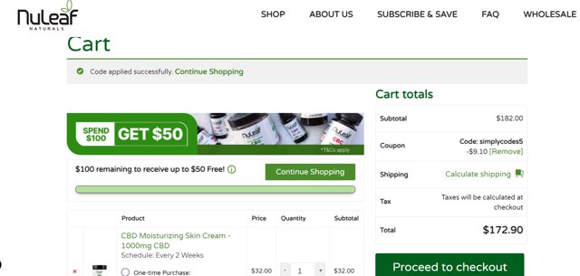 NuLeaf Naturals checkout page showing NuLeaf Naturals coupon code box | Screenshot taken by SimplyCodes community member on Jul 19, 2024