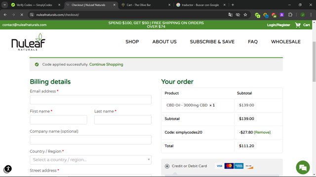 NuLeaf Naturals checkout page showing NuLeaf Naturals coupon code box | Screenshot taken by SimplyCodes community member on Jul 19, 2024