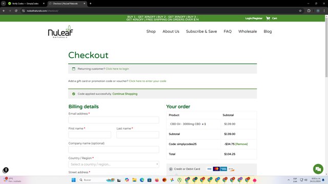 NuLeaf Naturals checkout page showing NuLeaf Naturals coupon code box | Screenshot taken by SimplyCodes community member on Nov 24, 2024