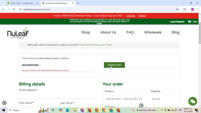 NuLeaf Naturals checkout page showing NuLeaf Naturals coupon code box | Screenshot taken by SimplyCodes community member on Dec 19, 2024