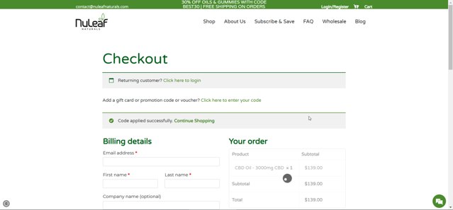 NuLeaf Naturals checkout page showing NuLeaf Naturals coupon code box | Screenshot taken by SimplyCodes community member on Nov 18, 2024