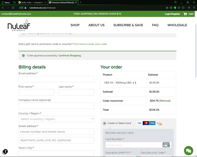 NuLeaf Naturals checkout page showing NuLeaf Naturals coupon code box | Screenshot taken by SimplyCodes community member on May 9, 2024
