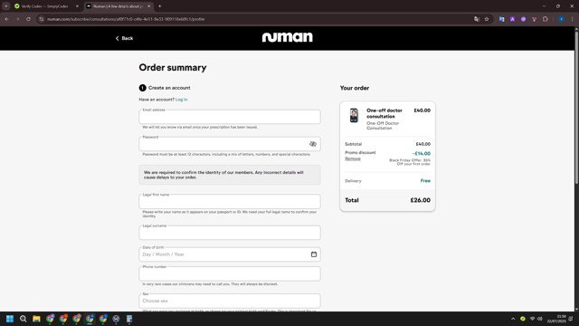 Numan checkout page showing Numan discount code box | Screenshot taken by SimplyCodes community member on Jul 23, 2025