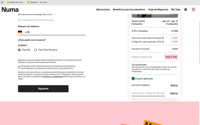 Numa Stays checkout page showing Numa Stays promo code box | Screenshot taken by SimplyCodes community member on Jul 20, 2025