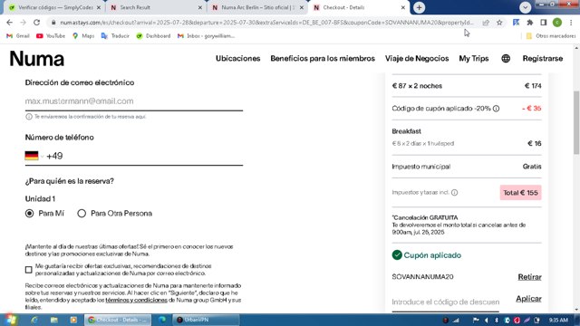 Numa Stays checkout page showing Numa Stays promo code box | Screenshot taken by SimplyCodes community member on Jul 23, 2025