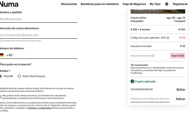 Numa Stays checkout page showing Numa Stays promo code box | Screenshot taken by SimplyCodes community member on Aug 6, 2025