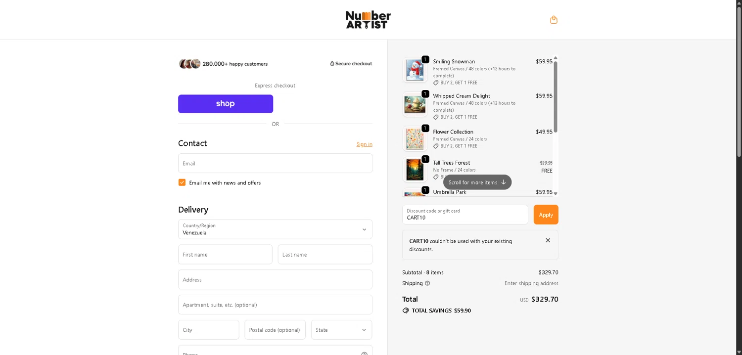 Number Artist discount code screenshot showing code CART10 applied at Number Artist checkout page. Uploaded by SimplyCodes community member ValueWarden2887 on Dec 6, 2025