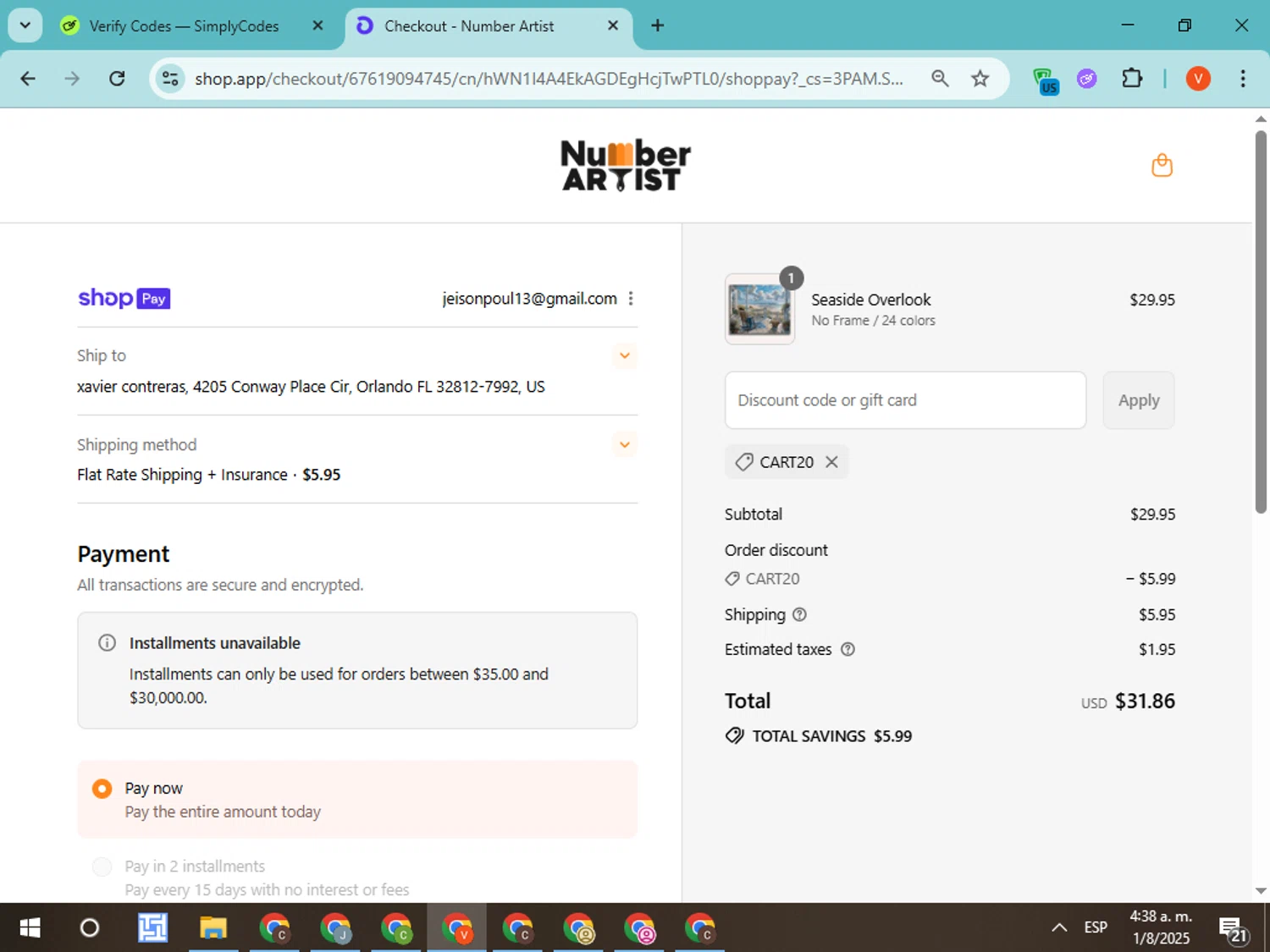 Number Artist discount code screenshot showing code CART20 applied at Number Artist checkout page. Uploaded by SimplyCodes community member CodeMonarch8148 on Aug 1, 2025