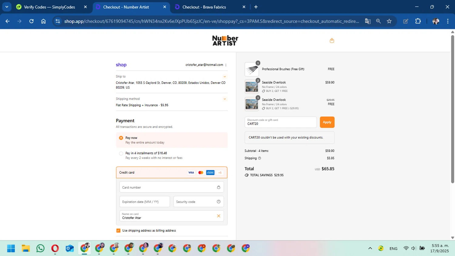 Number Artist discount code screenshot showing code CART20 applied at Number Artist checkout page. Uploaded by SimplyCodes community member DavidMGF on Sep 17, 2025