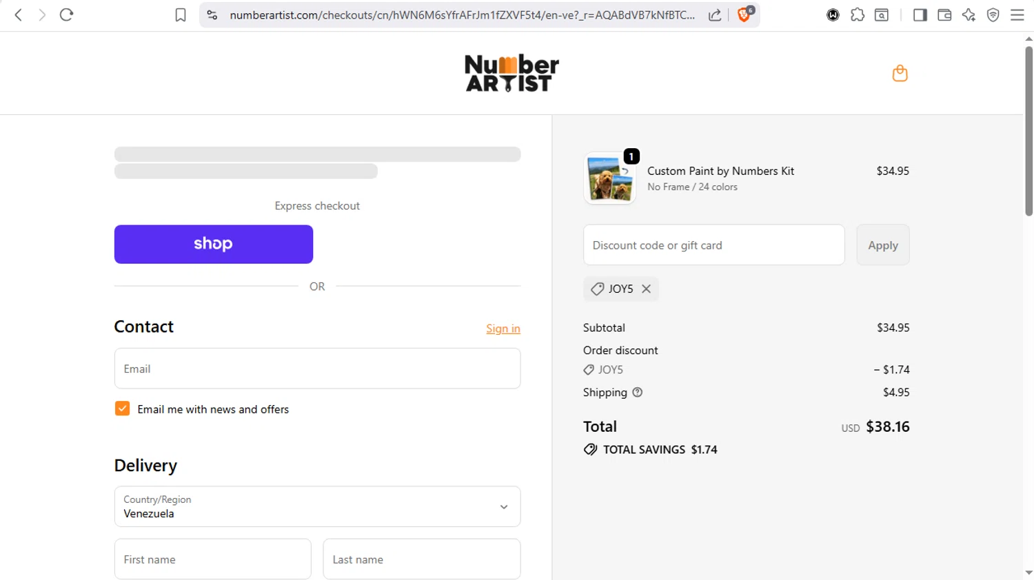 Number Artist discount code screenshot showing code JOY5 applied at Number Artist checkout page. Uploaded by SimplyCodes community member dayselis15 on Dec 12, 2025