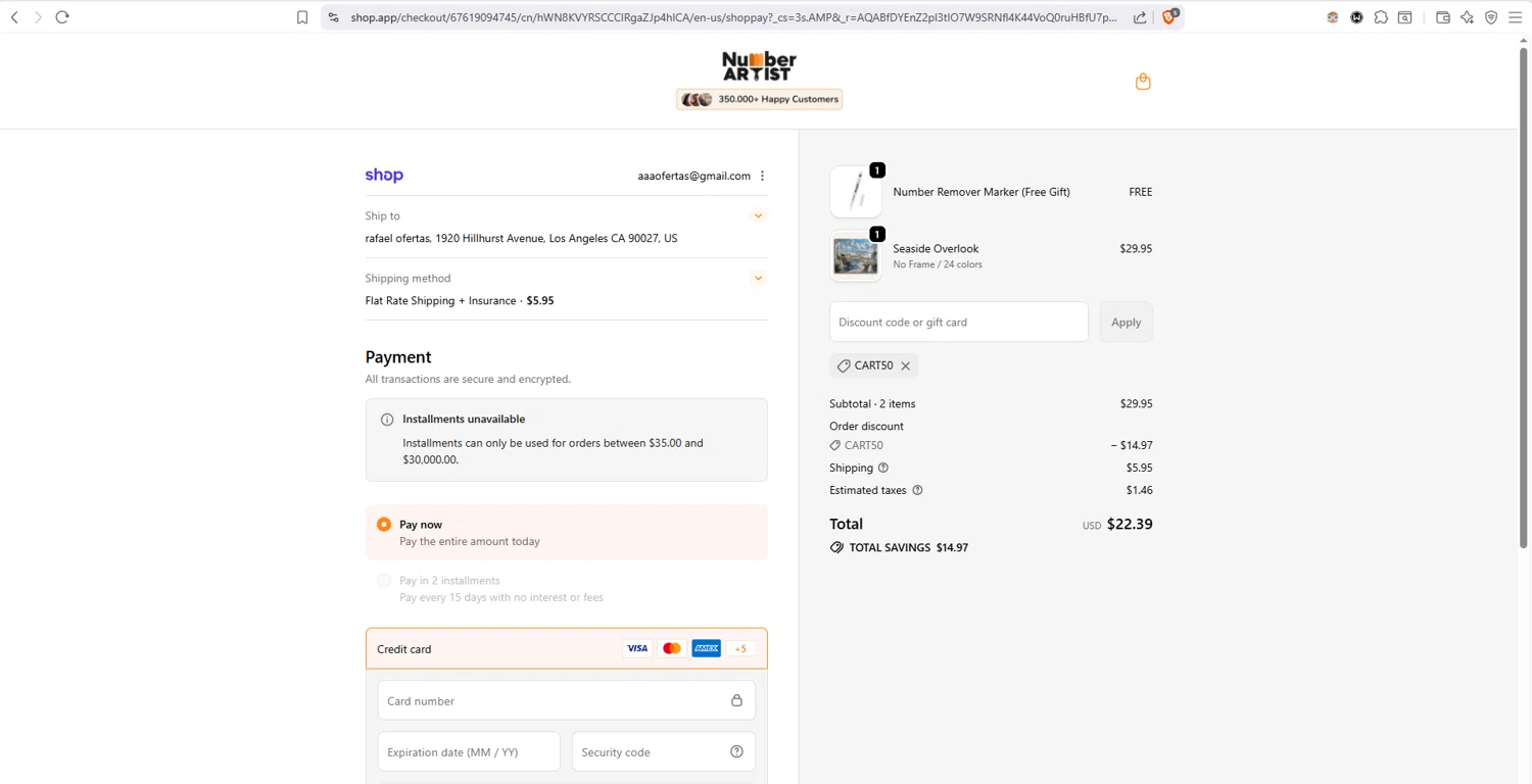 Number Artist checkout page showing Number Artist discount code box | Screenshot taken by SimplyCodes community member on Feb 2, 2026