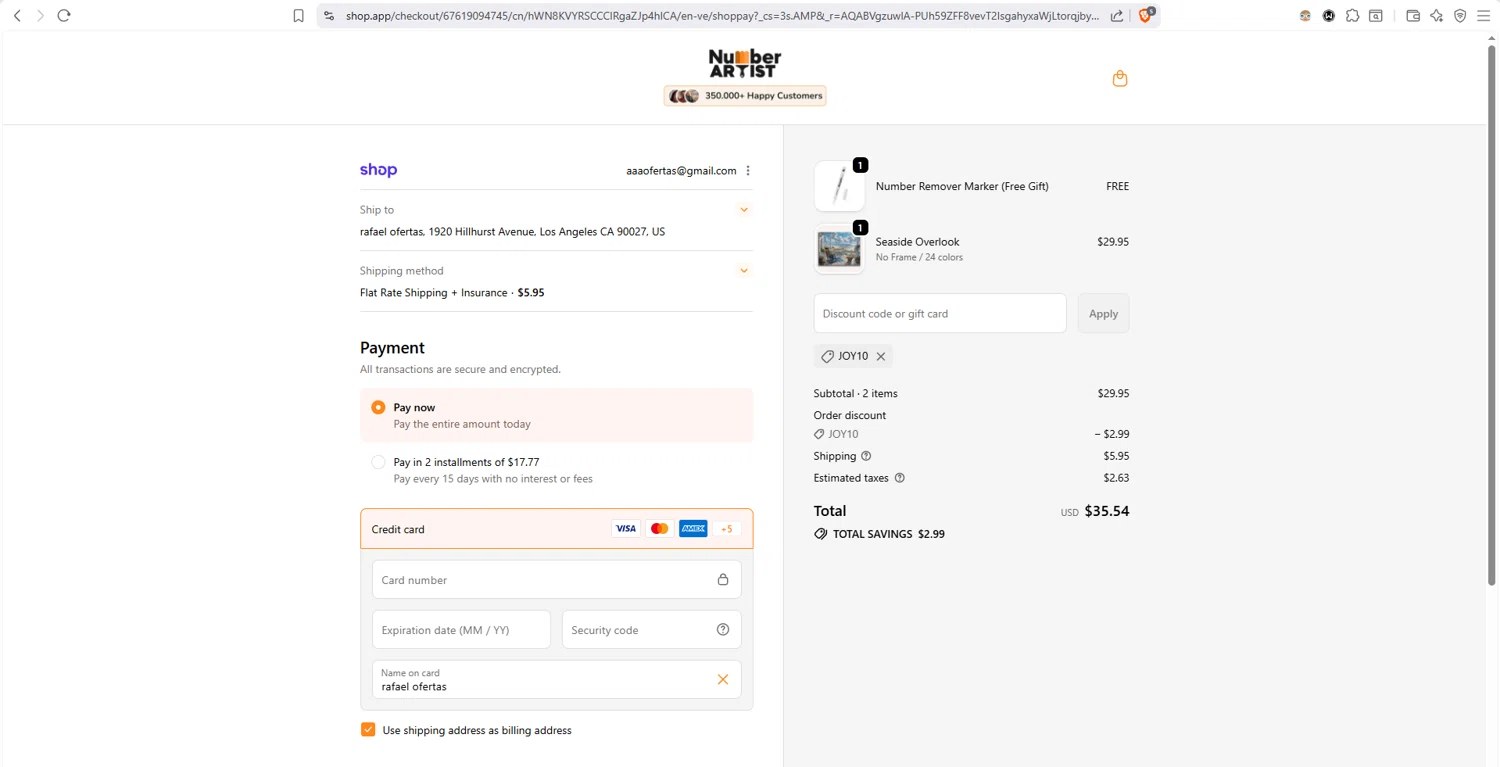 Number Artist checkout page showing Number Artist discount code box | Screenshot taken by SimplyCodes community member on Feb 2, 2026