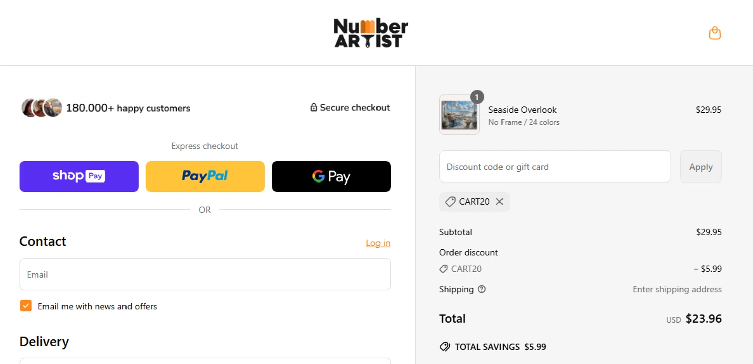 Number Artist discount code screenshot showing code CART20 applied at Number Artist checkout page. Uploaded by SimplyCodes community member Jhonny on Jun 1, 2025
