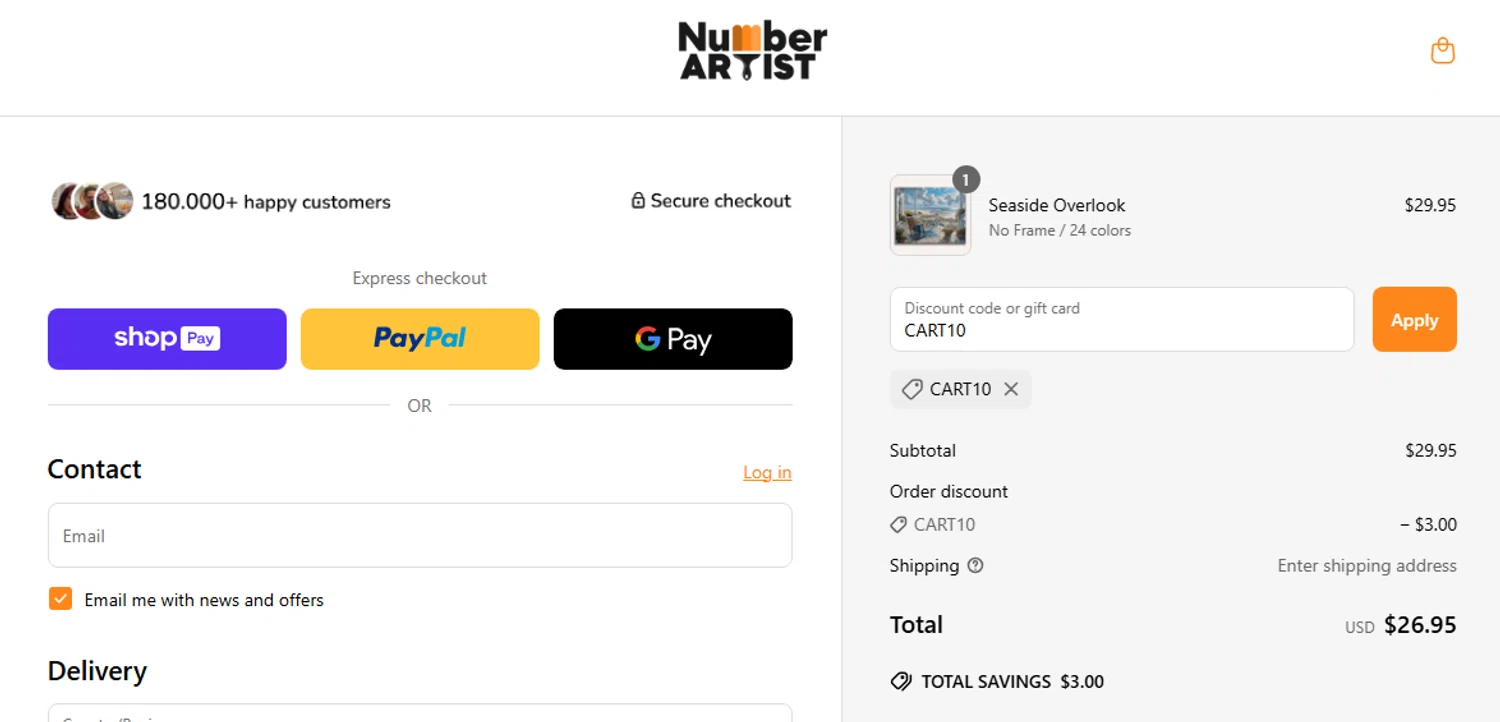 Number Artist discount code screenshot showing code CART10 applied at Number Artist checkout page. Uploaded by SimplyCodes community member Jhonny on Jun 1, 2025