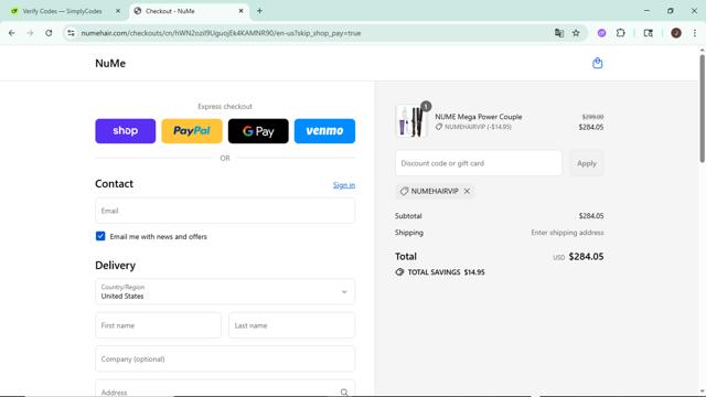 NuMe Hair checkout page showing NuMe Hair promo code box | Screenshot taken by SimplyCodes community member on Sep 10, 2025