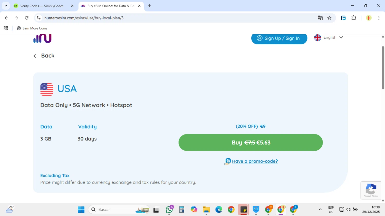 Numero eSIM promo code screenshot showing code SIMPLY25 applied at Numero eSIM checkout page. Uploaded by SimplyCodes community member DiscountCollector3543 on Dec 29, 2025