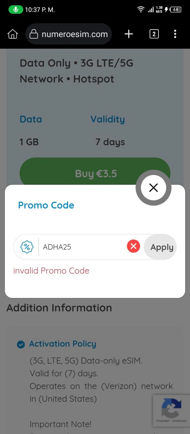 Numero eSIM promo code screenshot showing code ADHA25 applied at Numero eSIM checkout page. Uploaded by SimplyCodes community member MightyOwl7578 on Jun 22, 2025