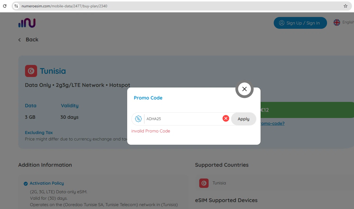Numero eSIM promo code screenshot showing code ADHA25 applied at Numero eSIM checkout page. Uploaded by SimplyCodes community member YHLQMDLGN on Jun 22, 2025
