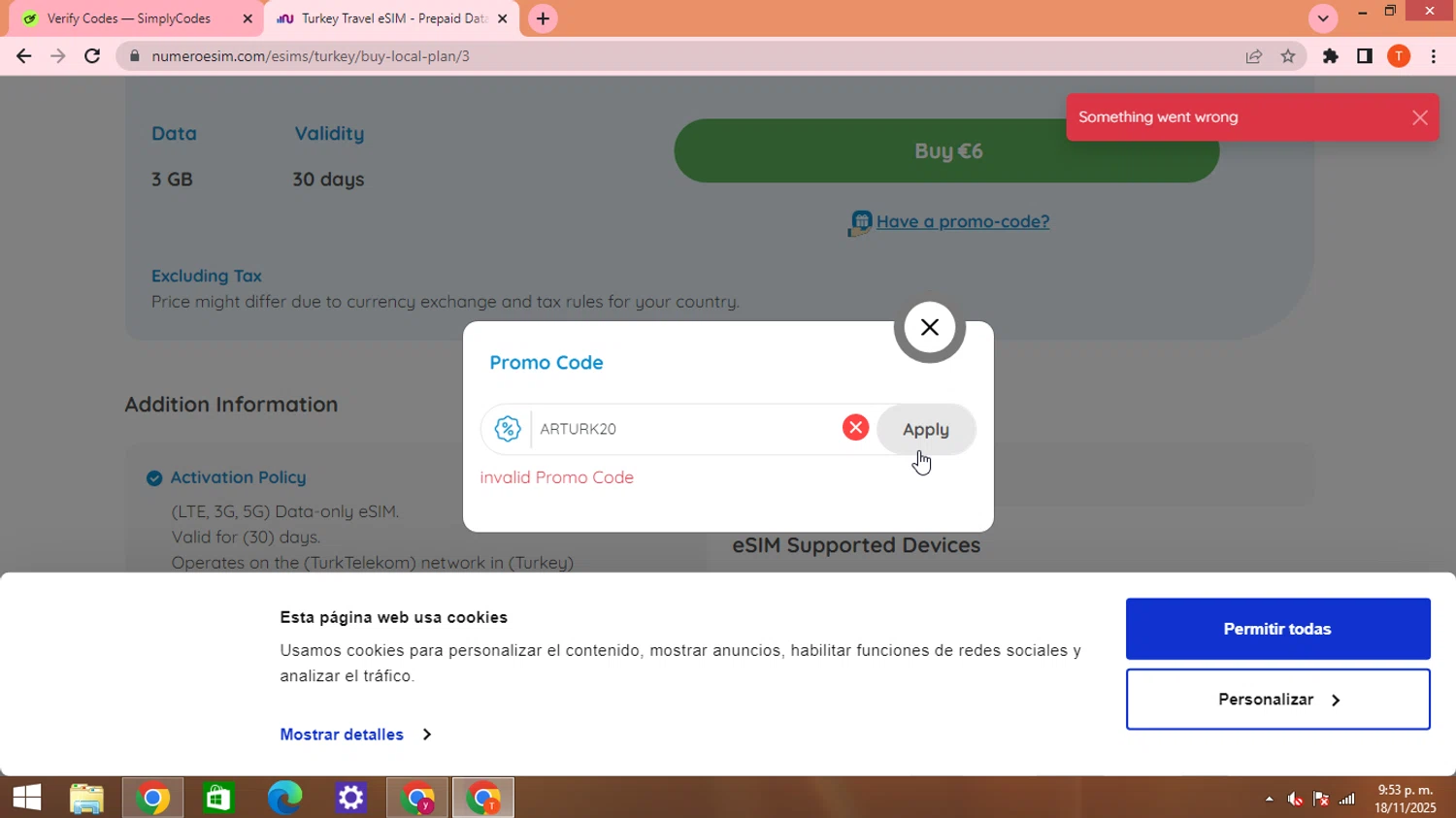 Numero eSIM promo code screenshot showing code ARTURK20 applied at Numero eSIM checkout page. Uploaded by SimplyCodes community member HHHHHHH on Nov 19, 2025