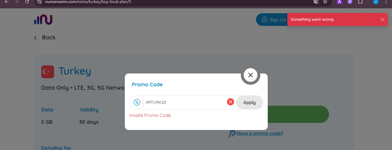 Numero eSIM promo code screenshot showing code ARTURK20 applied at Numero eSIM checkout page. Uploaded by SimplyCodes community member ShieldKnight4744 on Nov 19, 2025