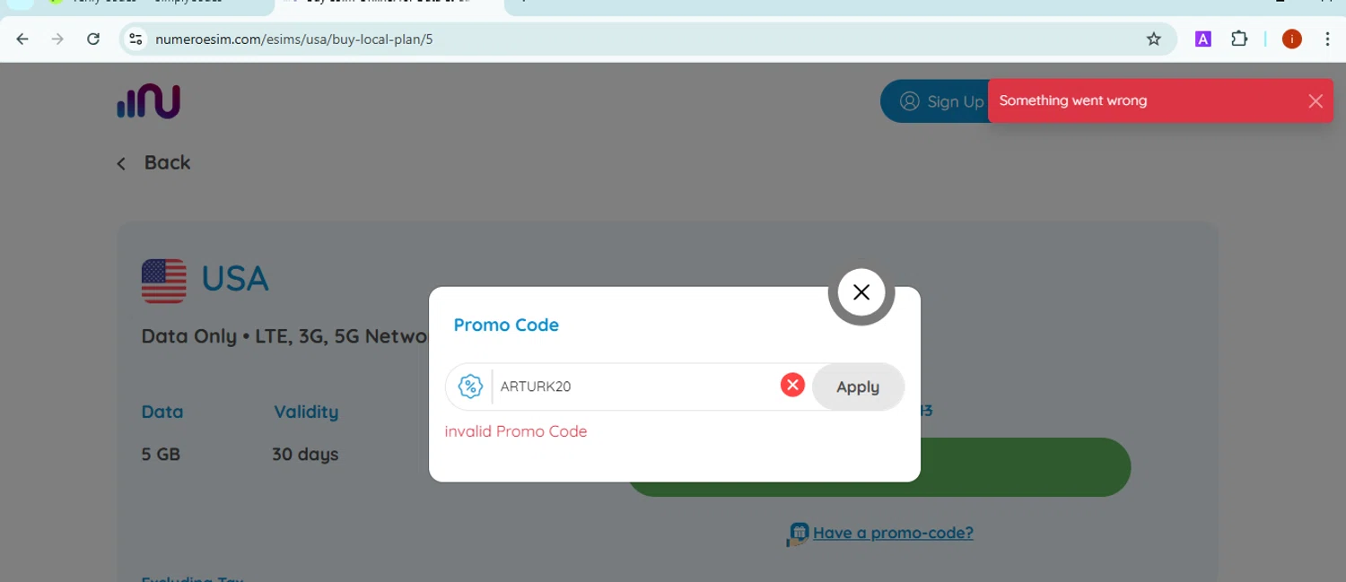 Numero eSIM promo code screenshot showing code ARTURK20 applied at Numero eSIM checkout page. Uploaded by SimplyCodes community member SmartMaestro6853 on Nov 19, 2025