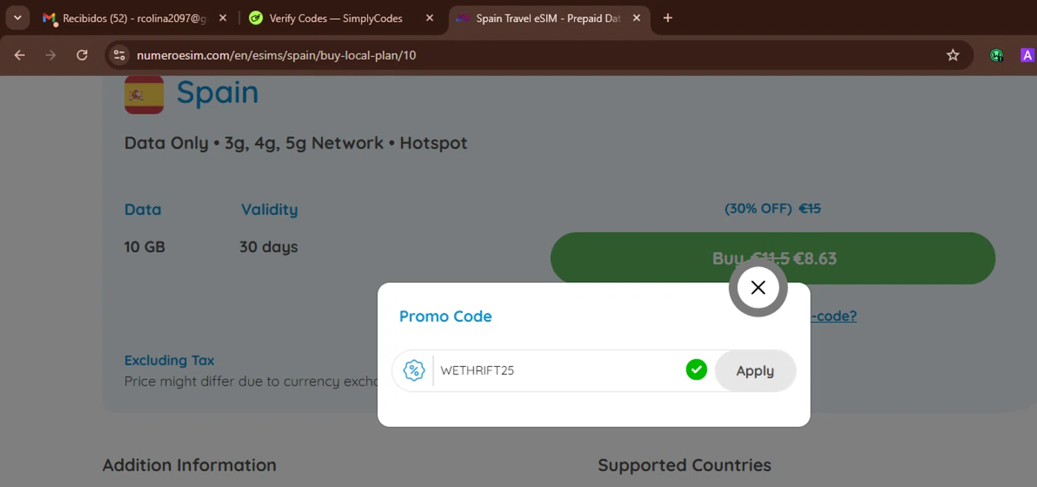 Numero eSIM promo code screenshot showing code WETHRIFT25 applied at Numero eSIM checkout page. Uploaded by SimplyCodes community member WonderWarden594 on Oct 23, 2025