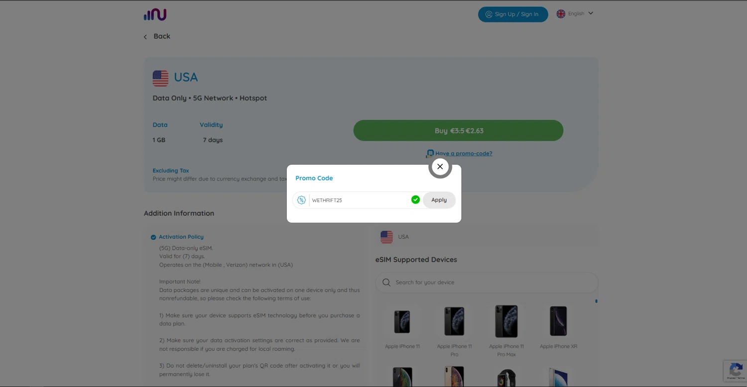Numero eSIM promo code screenshot showing code WETHRIFT25 applied at Numero eSIM checkout page. Uploaded by SimplyCodes community member vctr7w7x on Oct 21, 2025