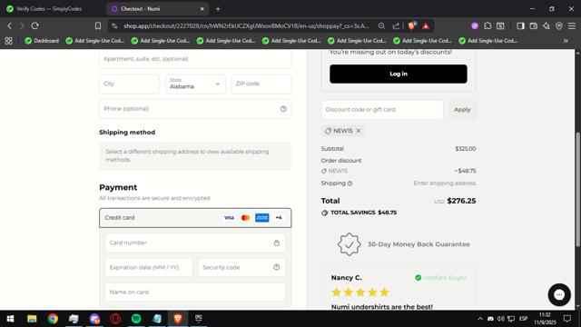 Numi checkout page showing Numi discount code box | Screenshot taken by SimplyCodes community member on Sep 11, 2025
