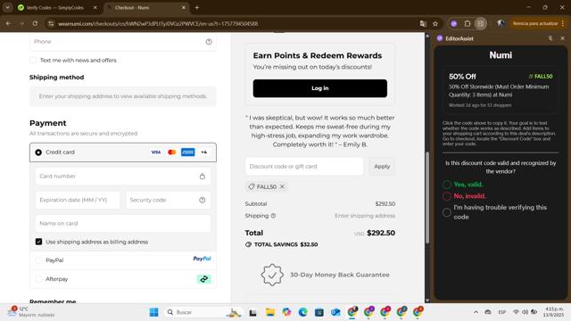 Numi checkout page showing Numi discount code box | Screenshot taken by SimplyCodes community member on Sep 13, 2025