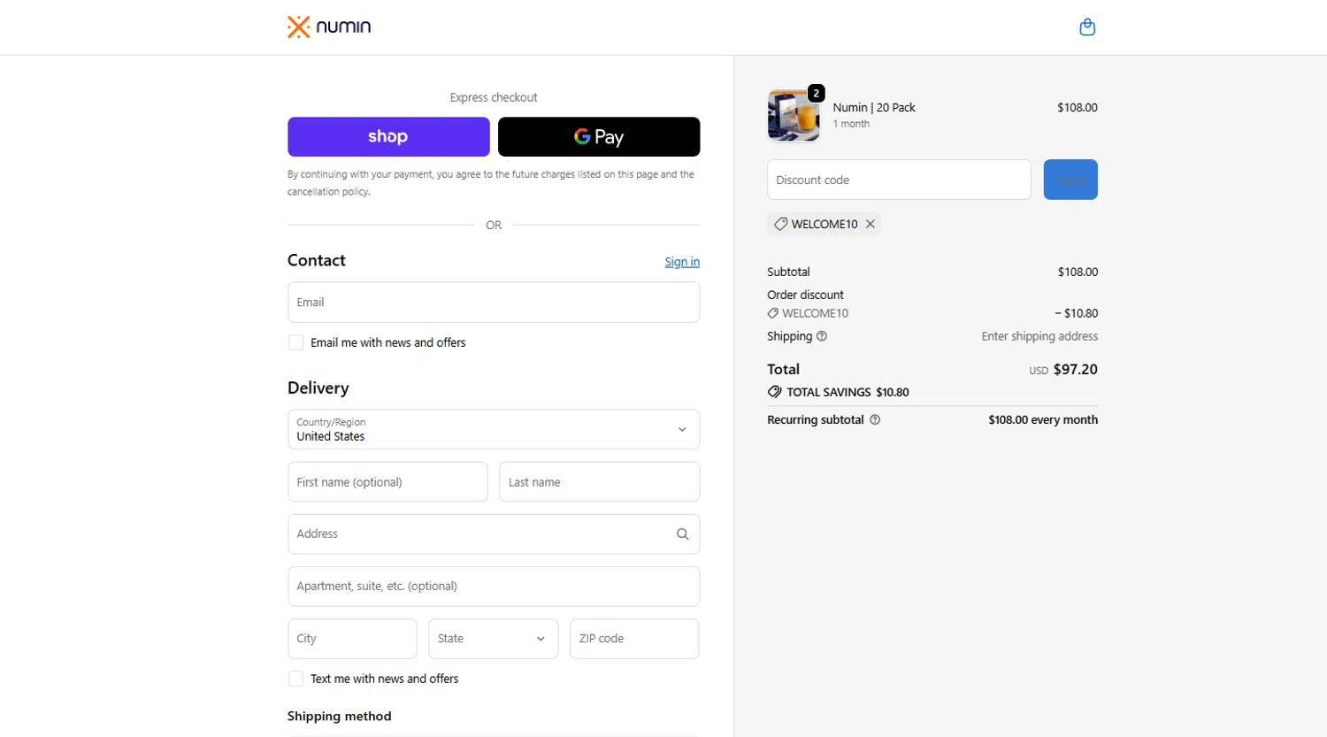 Numin promo code screenshot showing code WELCOME10 applied at Numin checkout page. Uploaded by SimplyCodes community member NiceDeals on Jun 17, 2026
