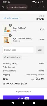 WELCOME10 coupon verification screenshot
