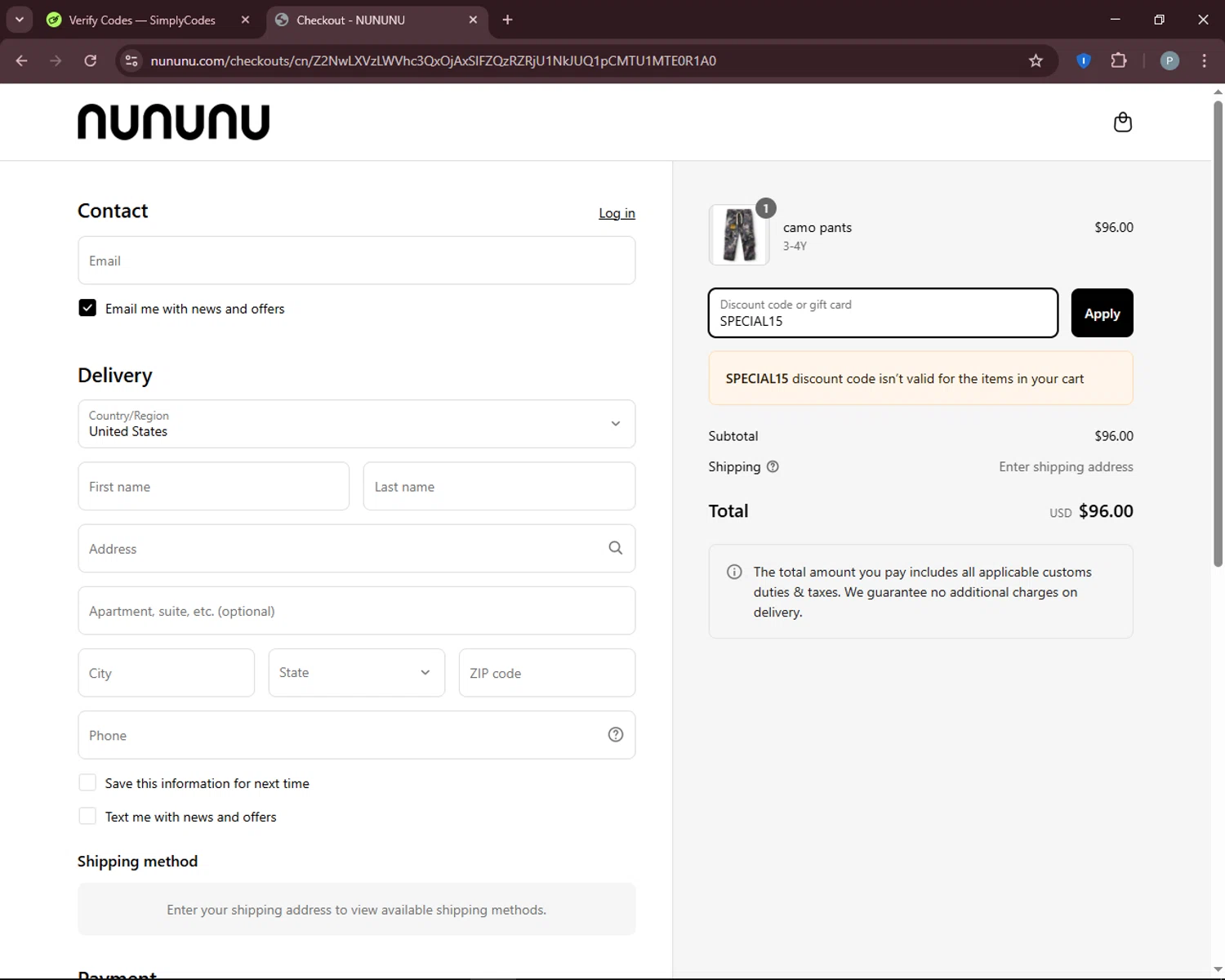 Nununu promo code screenshot showing code SPECIAL15 applied at Nununu checkout page. Uploaded by SimplyCodes community member DiscountEagle6247 on Apr 3, 2025