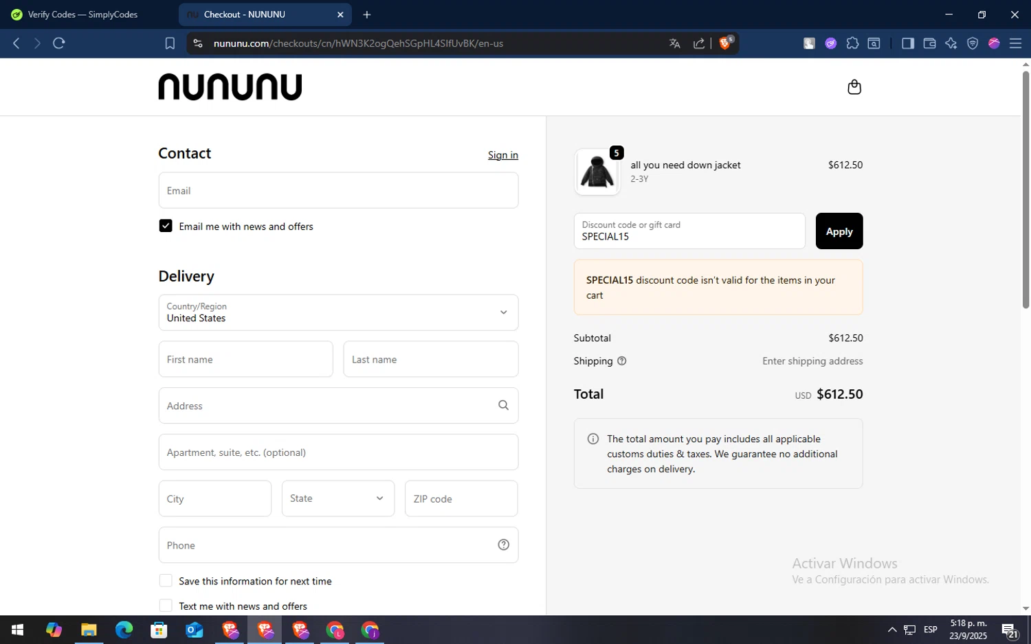 Nununu promo code screenshot showing code SPECIAL15 applied at Nununu checkout page. Uploaded by SimplyCodes community member TokenSaver1205 on Sep 23, 2025