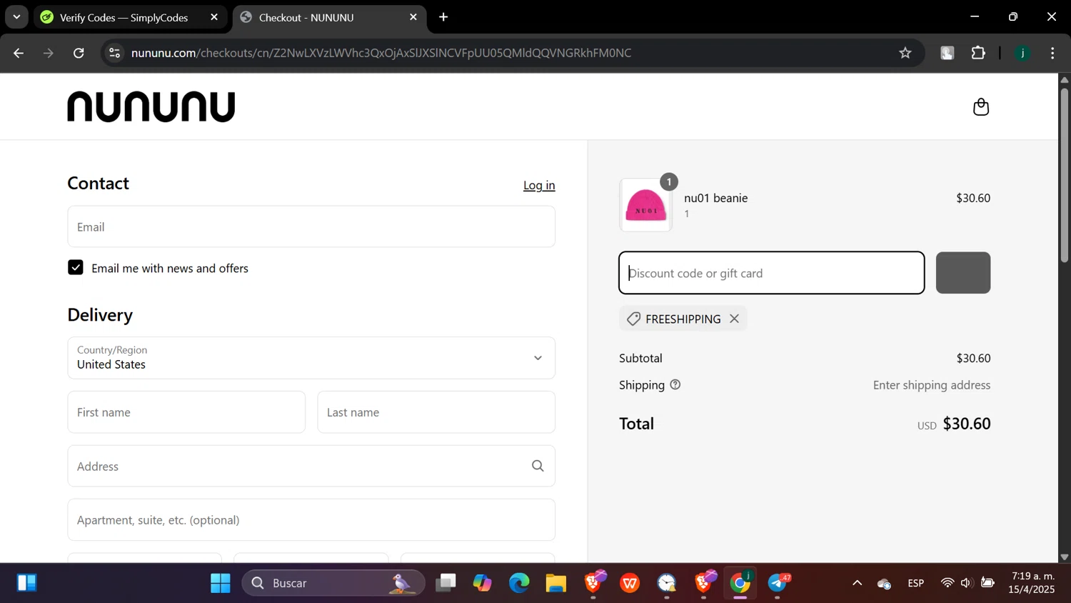 Nununu promo code screenshot showing code Freeshipping applied at Nununu checkout page. Uploaded by SimplyCodes community member hanzell03 on Apr 15, 2025