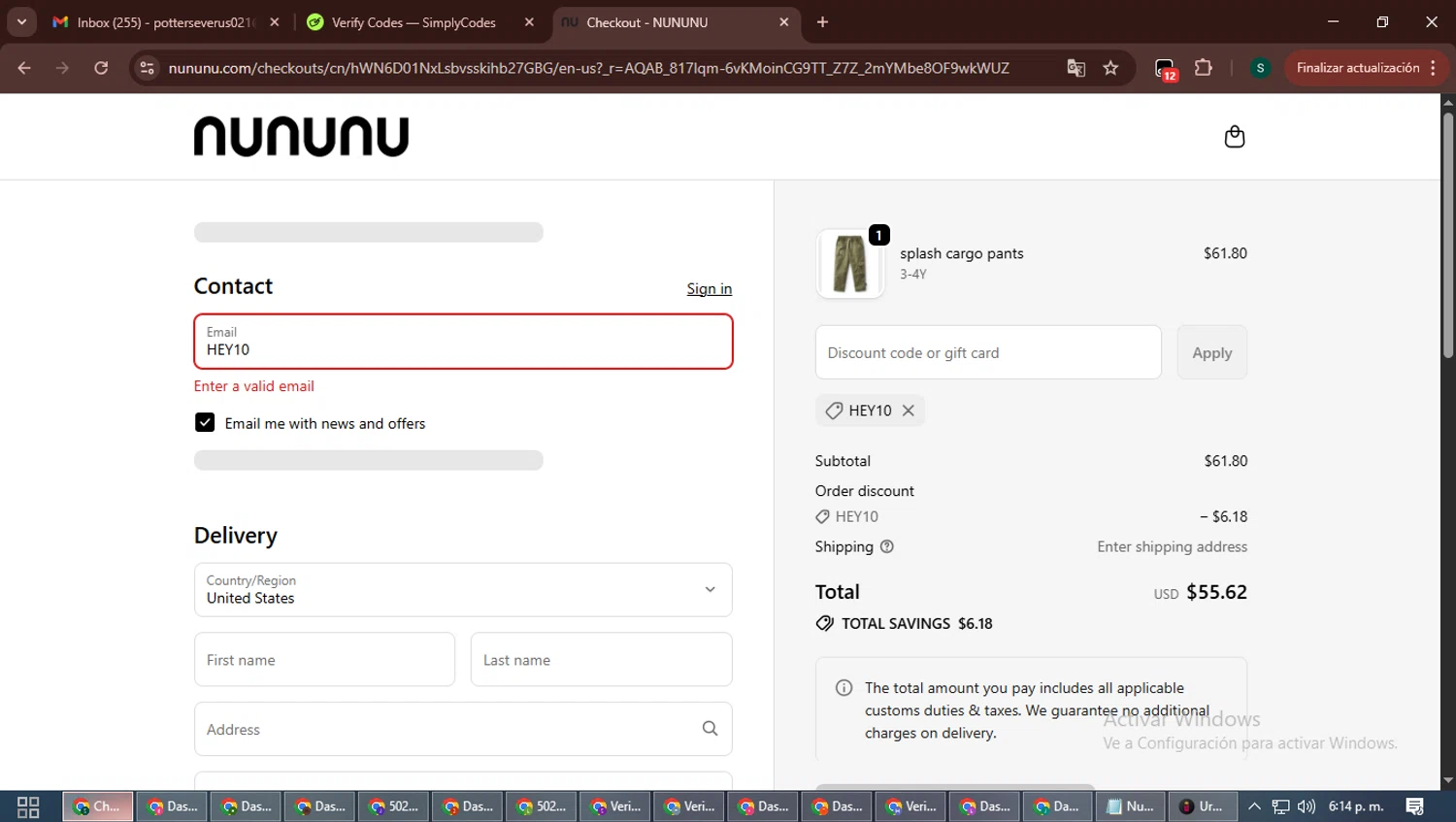 Nununu promo code screenshot showing code HEY10 applied at Nununu checkout page. Uploaded by SimplyCodes community member ShrewdAce7935 on Dec 8, 2025