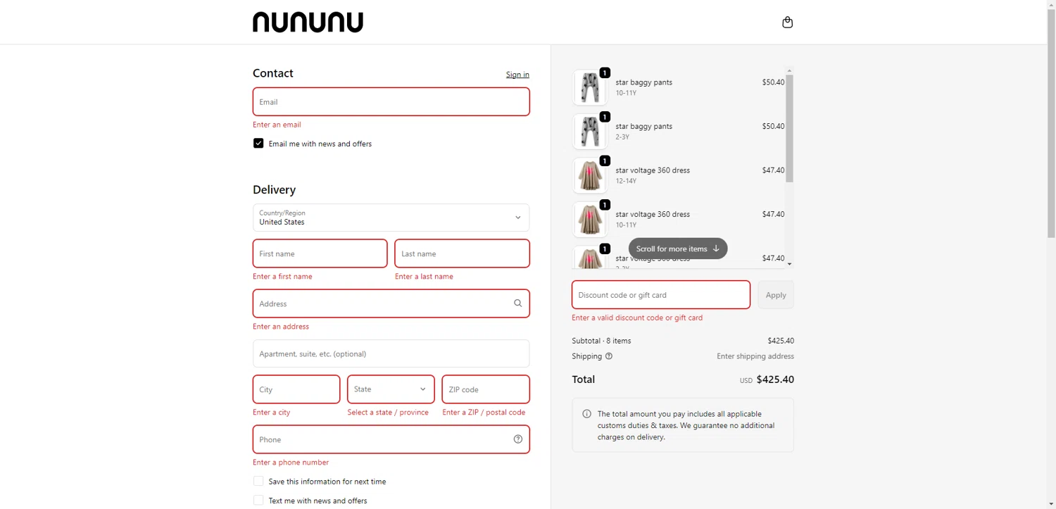 Nununu promo code screenshot showing code THANKYOU applied at Nununu checkout page. Uploaded by SimplyCodes community member PennyRanger8219 on Nov 18, 2025