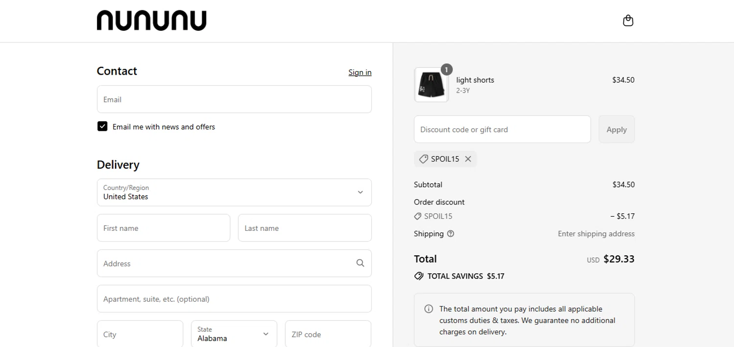 Nununu promo code screenshot showing code spoil15 applied at Nununu checkout page. Uploaded by SimplyCodes community member juanisaac on Sep 13, 2025