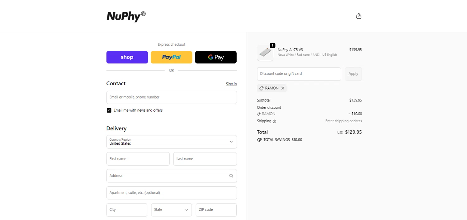 NuPhy discount code screenshot showing code ramon applied at NuPhy checkout page. Uploaded by SimplyCodes community member BonusCollector7885 on Nov 26, 2025